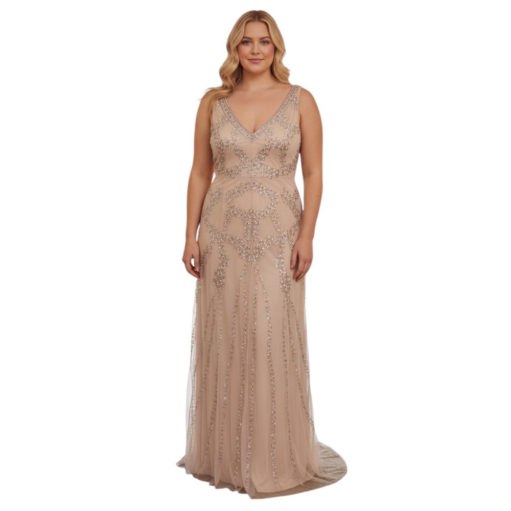 Adrianna Papell SZ 20W Beaded Sequin V-Neck Gown Champagne Silver Formal Dress